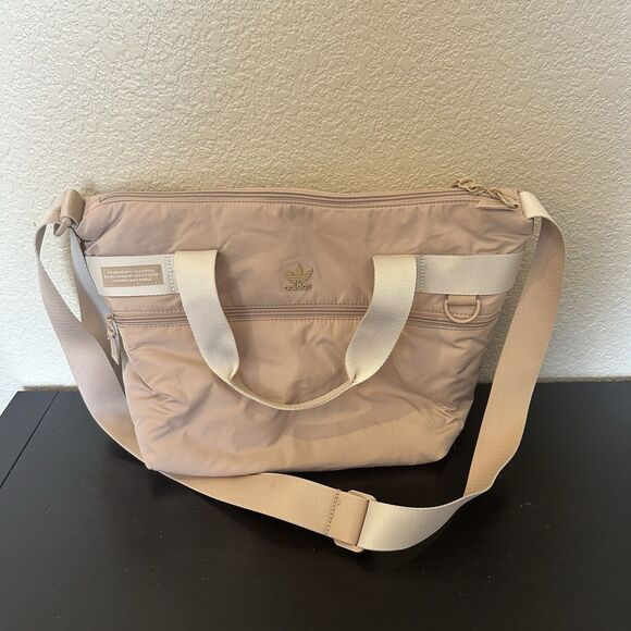 Adidas PUFFER SHOPPER TOTE BAG Tan Beige Travel Gym Purse Zip - Picture 1 of 11